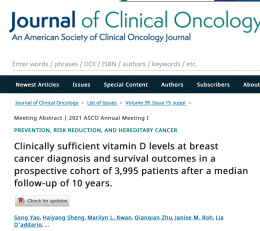 Clinically sufficient vitamin D levels at breast cancer diagnosis and survival outcomes in a prospective cohort of 3,995 patients after a median follow-up of 10 years. - Song Yao - CA